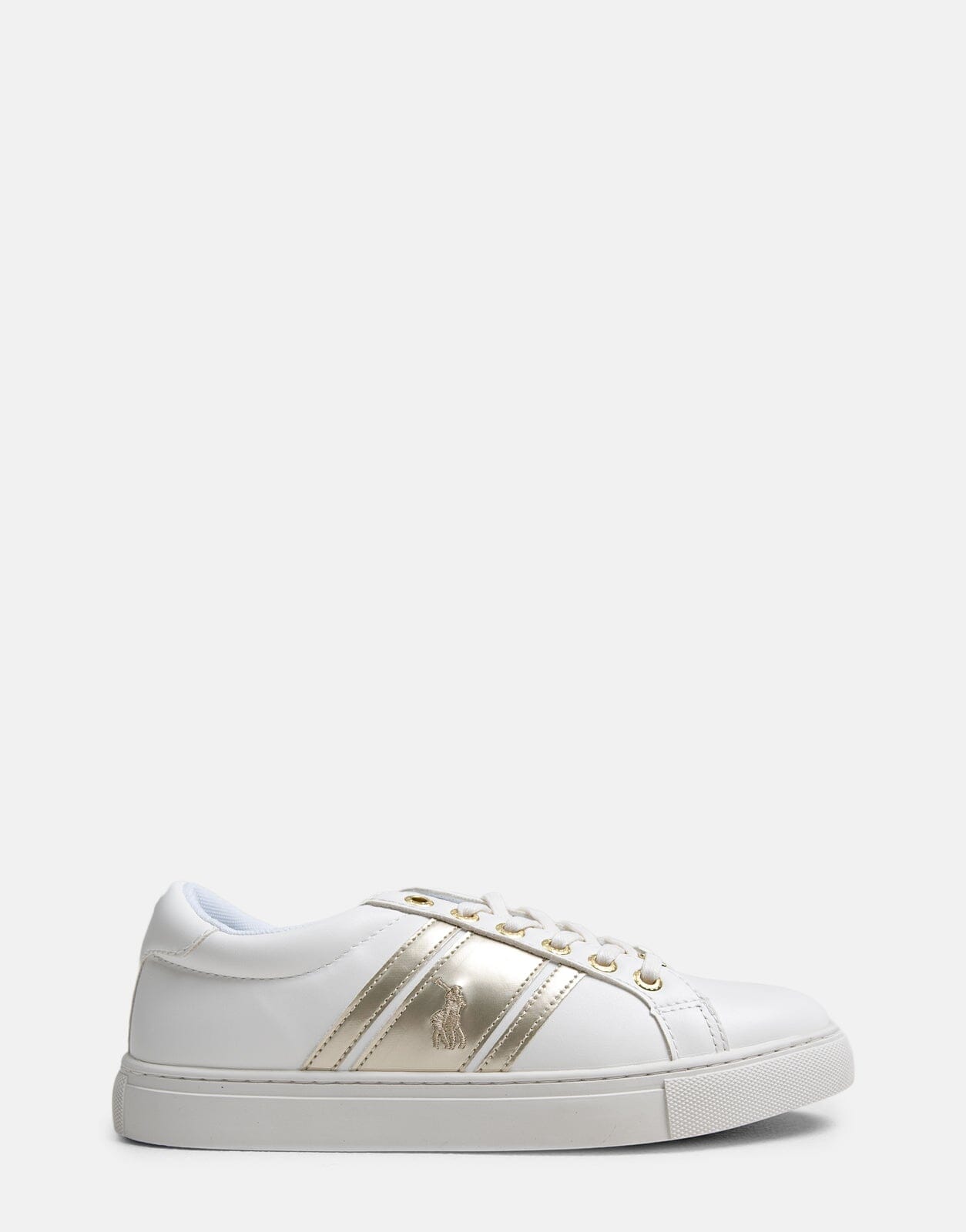 White sneakers with gold 2025 stripes