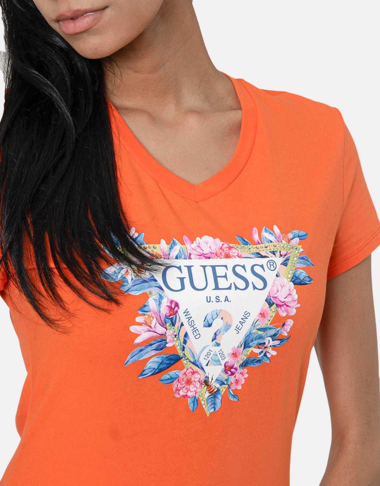 Guess Floral Tri T Shirt Orange